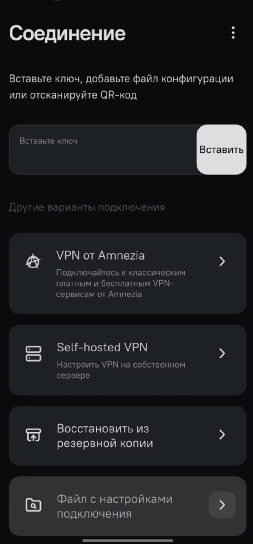 Выбор способа настройки AmneziaVPN