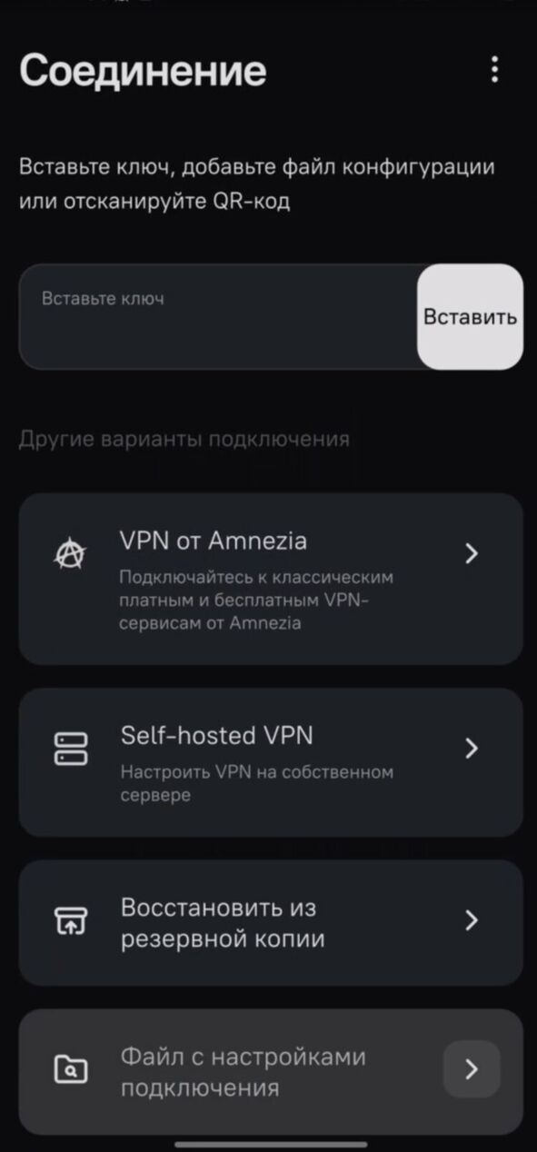 Выбор способа настройки AmneziaVPN